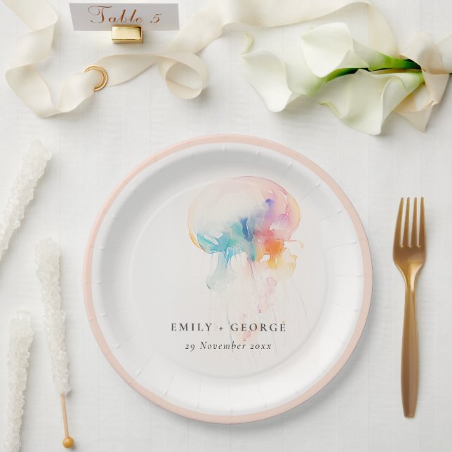 Colourful Watercolor Underwater Jellyfish Wedding Paper Plate (Wedding)