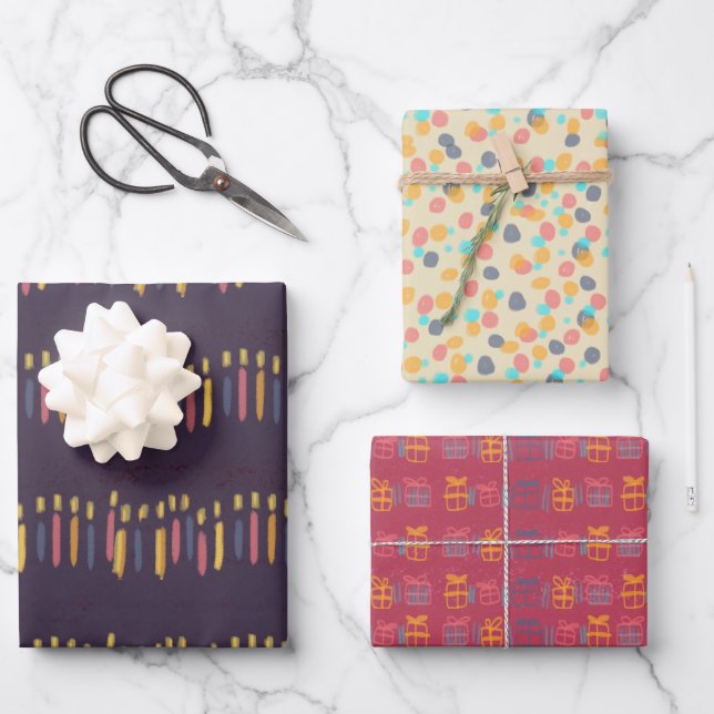 Colourful Watercolor Whimsical Patterns Birthday Wrapping Paper Sheet (Front)