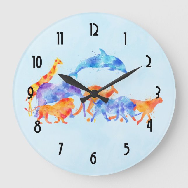 Colourful Watercolor Wild Animal Herd Running Free Large Clock (Front)