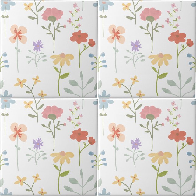 Colourful Watercolor Wild Floral Seamless Pattern Tile (Colorful Watercolor Wild Floral Pattern Ceramic Tile)