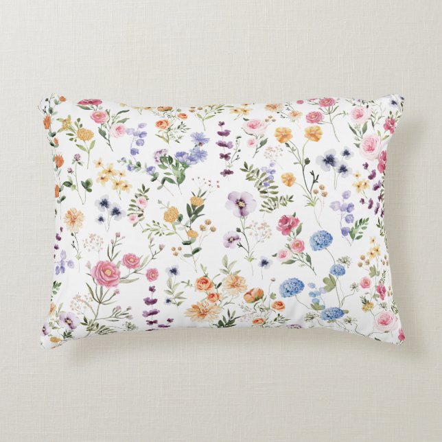 Colourful Watercolor Wildflower Floral Garden Accent Pillow (Front)
