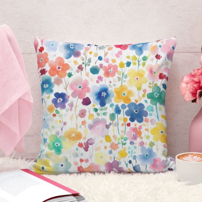 Colourful Watercolor Wildflower Pattern Throw Pillow (Creator Uploaded)