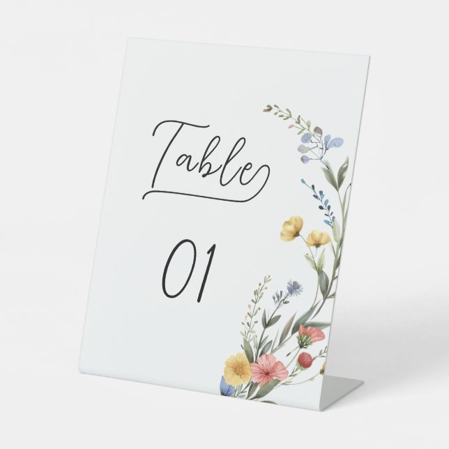 Colourful Watercolor Wildflower Table Numbers Pedestal Sign (Front)