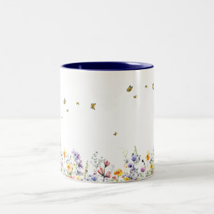 Colourful Watercolor Wildflower with Butterfly Two-Tone Coffee Mug