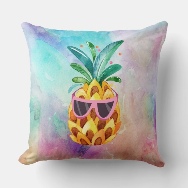 Colourful Watercolors background Cute Pineapple Throw Pillow (Front)