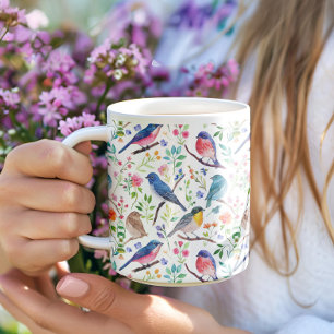 Colourful watercolors birds and flowers pattern coffee mug