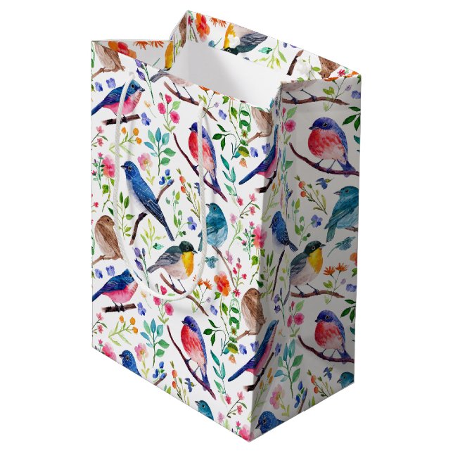 Colourful watercolors birds and flowers pattern medium gift bag (Back Angled)