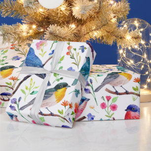 Colourful watercolors birds and flowers pattern wrapping paper
