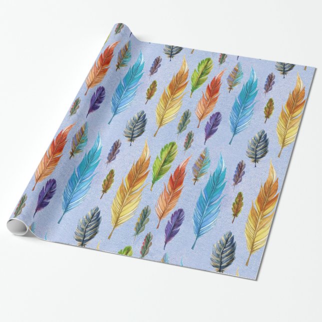 Colourful Watercolors Boho Feathers Pattern Wrapping Paper (Unrolled)