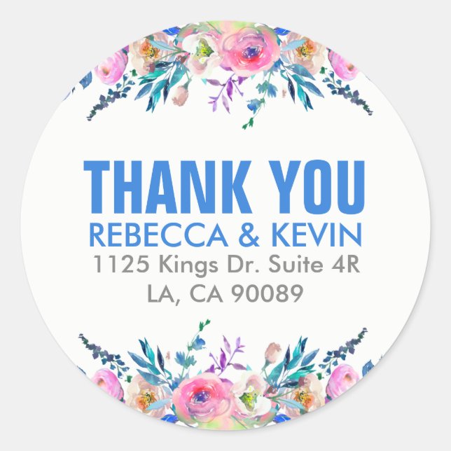Colourful Watercolors Flowers Bouquet Thank You Classic Round Sticker (Front)