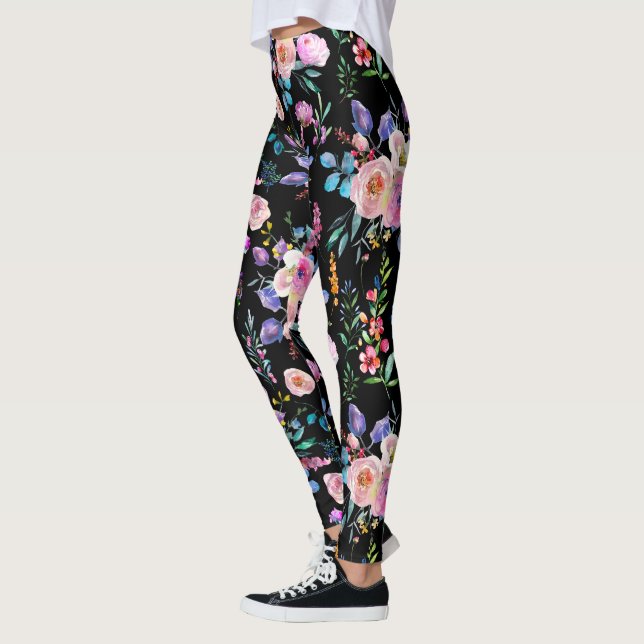 Colourful Watercolors Flowers Patternl Leggings (Left)