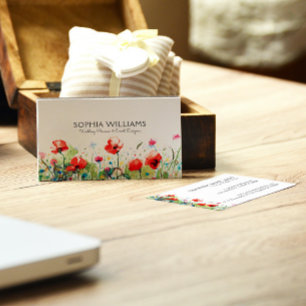 Colourful Watercolors Flowers & Red Poppies Business Card