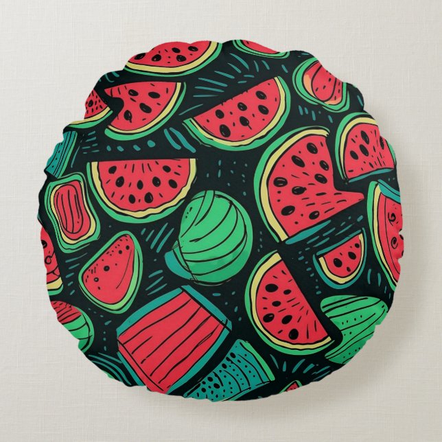 Colourful Watermelon Slice Seamless Pattern Round Pillow (Front)