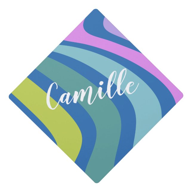 Colourful Wave Pattern Personalized Blue Grad Graduation Cap Topper (Front)