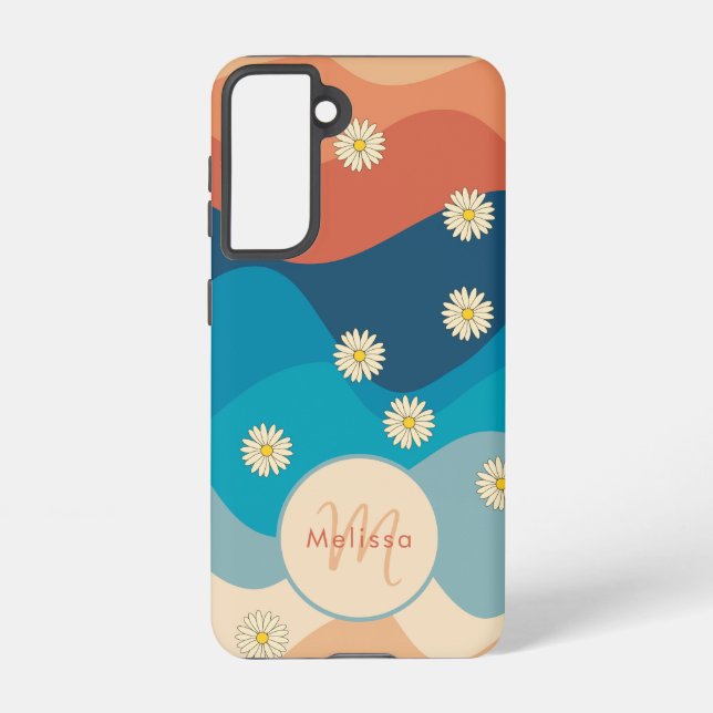 Colourful Waves & Daisies Pattern Monogram Samsung Galaxy S21 Case (Back)