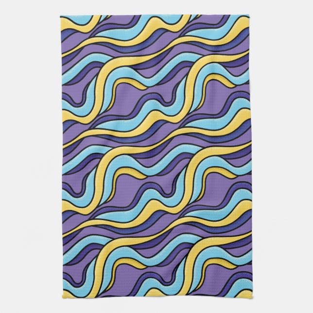 Colourful Waves Pattern Funky Retro Modern Abstrac Kitchen Towel (Vertical)