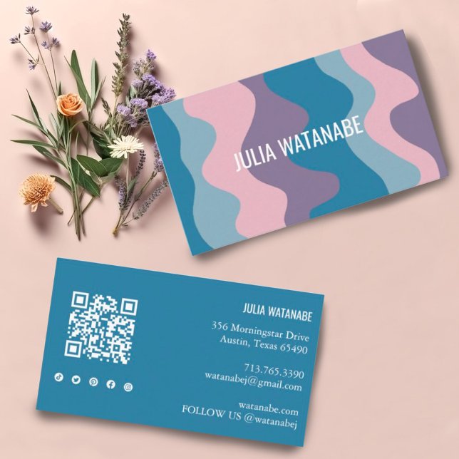 Colourful Waves Stripes QR Code Social Media Chic  Business Card (Blue, pink, purple waves decorate this custom card. Add your details, edit social icons & QR code)