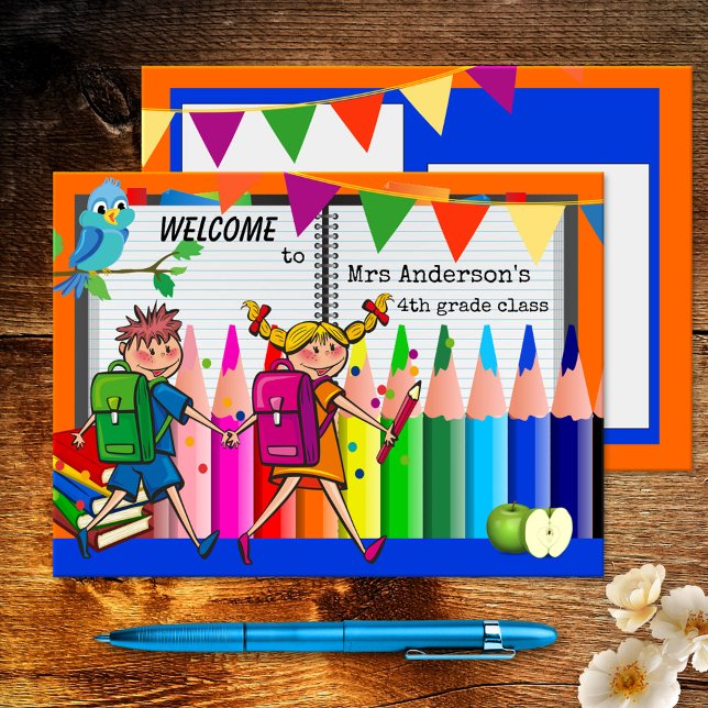 Colourful Welcome Back to School Postcard (A cheerful postcard featuring happy children with their backpacks going back to school.)