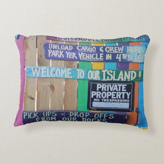 Colourful Welcome Island sign Carribean Accent Pillow (Back)