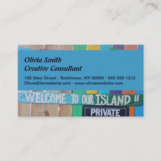 Colourful Welcome Island sign Carribean Business Card (Front)
