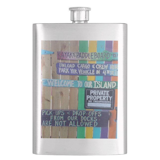 Colourful Welcome Island sign Carribean Hip Flask (Front)