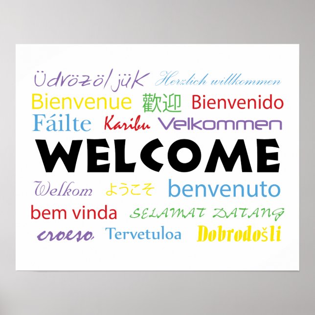 Colourful Welcome Many Languages Modern White Poster (Front)