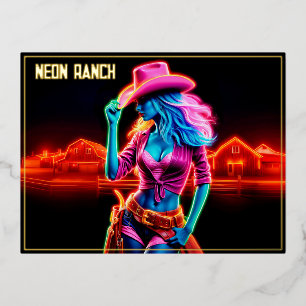 Colourful western girl with pink cowboy hat art foil holiday postcard