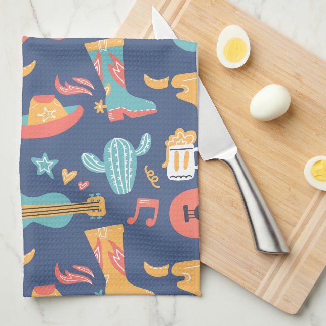Colourful Western Images on Blue Kitchen Towel (Quarter Fold)