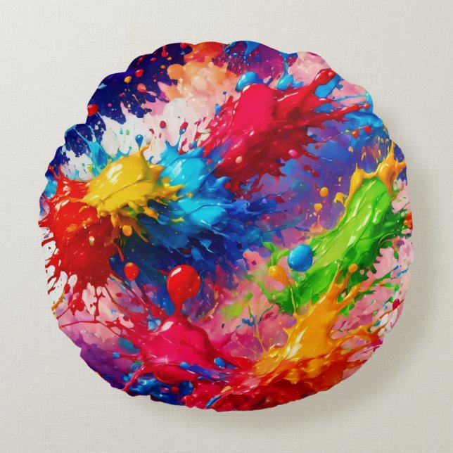 Colourful Wet Paint Splash Design Round Pillow (Front)