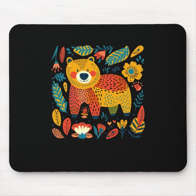 Colourful Whimsical Bear And Floral Pattern Illust Mouse Pad (Front)