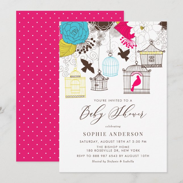 Colourful Whimsical Birdcages Baby Shower Invitation (Front/Back)