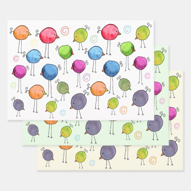 Colourful Whimsical Birds Wrapping Paper Sheet (Set)