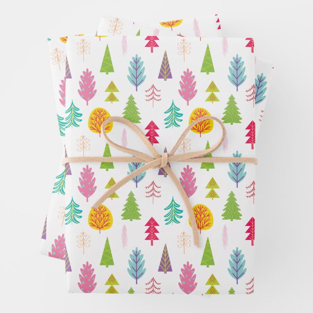 Colourful Whimsical Christmas Trees Wrapping Paper Sheet (In situ)