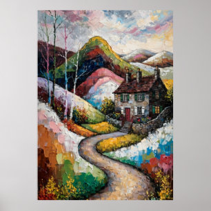 Colourful Whimsical Cottage Impasto Oil Painting W Poster