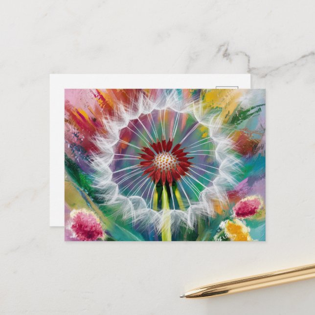 Colourful Whimsical Dandelion Postcard (Front/Back In Situ)
