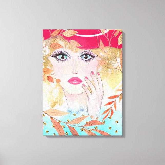 Colourful Whimsical Face Artwork Lady In Hat Canvas Print (Front)