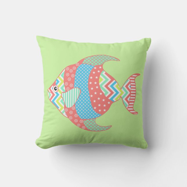 Colourful Whimsical Fish Outdoor Pillow (Front)