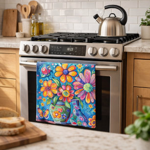 Colourful Whimsical Floral Folk Art  Kitchen Towel