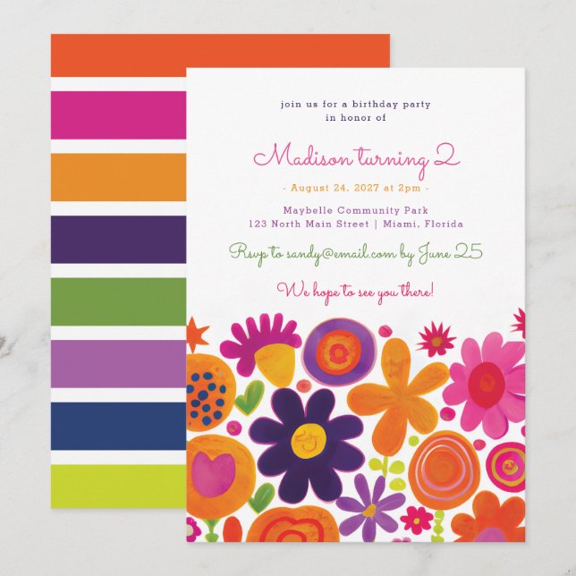 Colourful Whimsical Floral Garden Birthday Party Invitation (Front/Back)