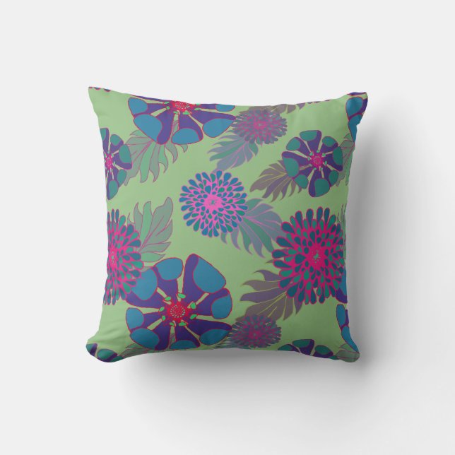Colourful Whimsical Floral Pattern Green Throw Pillow (Front)
