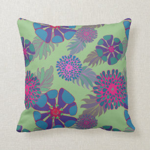 Colourful Whimsical Floral Pattern Green Throw Pillow