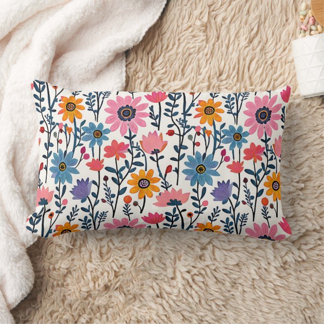 Colourful Whimsical Folk Art Floral Lumbar Pillow (Blanket)