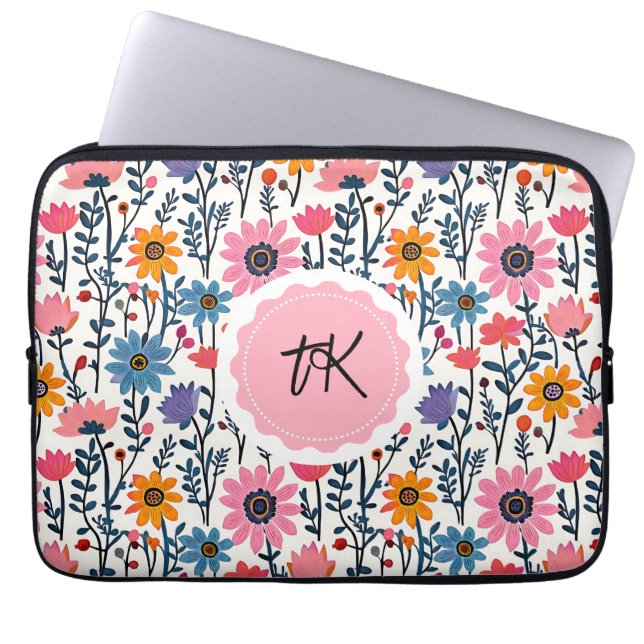 Colourful Whimsical Folk Art Floral Monogrammed Laptop Sleeve (Front)