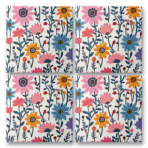 Colourful Whimsical Folk Art Floral Tile