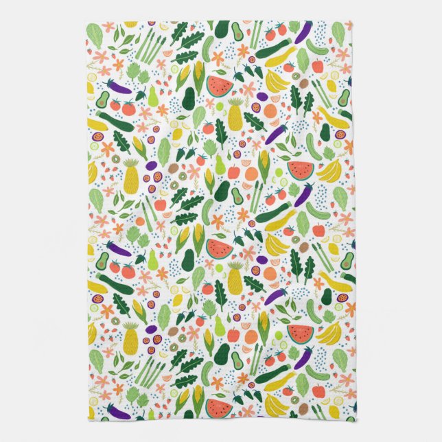 Colourful Whimsical Fruits Veggies Pattern Kitchen Towel (Vertical)