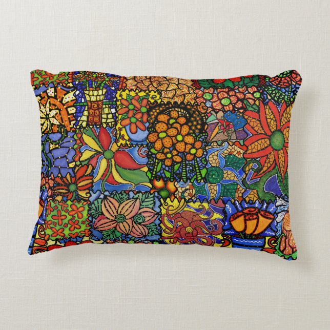 Colourful Whimsical Funky Flowers Patchwork Decorative Pillow (Back)