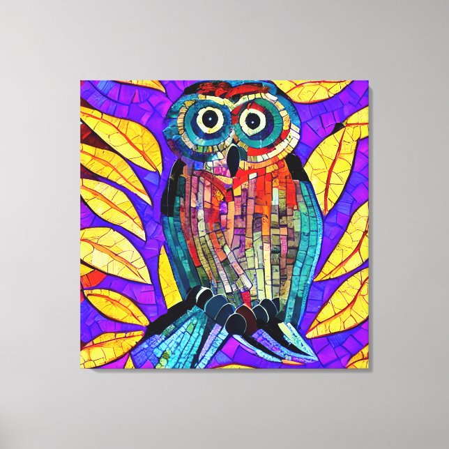 Colourful Whimsical Mosaic Owl Art Canvas Print (Front)