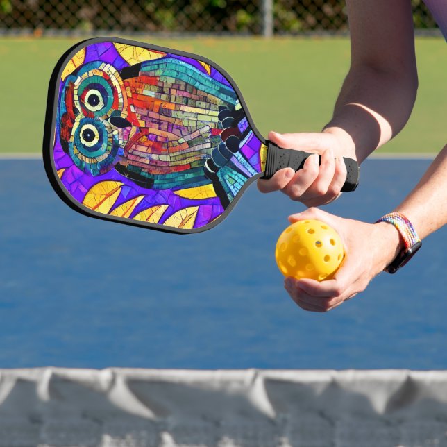 Colourful Whimsical Mosaic Owl Art Pickleball Paddle (Insitu)