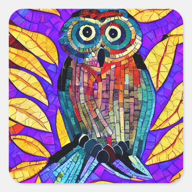 Colourful Whimsical Mosaic Owl Art Square Sticker (Front)
