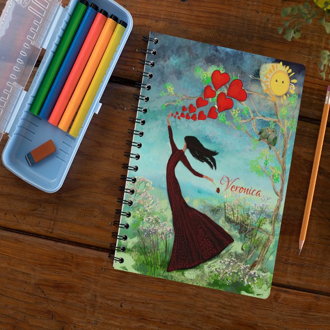 Colourful Whimsical  Notebook (Whimsical Notebook with woman releasing hearts into the air for Valentine's day)